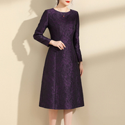 水墨青华2022女装秋季时尚提花紫色连衣裙气质收腰显瘦打底裙