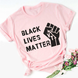 BLACK LIVES MATTER 字母印花粉红色T恤女士短袖T恤休闲宽松ins潮