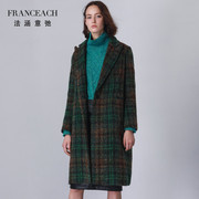 法涵意弛绿色格纹羊毛，大衣女中长款加厚保暖西装领气质，毛妮子(毛妮子)外套