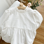 春夏季女童韩国版儿童装白色，长袖衬衫上衣，棉布蕾丝花边宝宝娃娃衫