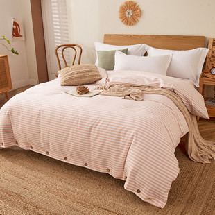 老粗布被套单件纯棉被罩，褥子套全棉床上用品，土布被罩粉红色细条纹