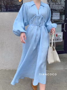 两色100%亚麻蓝色，粉色绑带a型，长款长裙连衣裙tiancoco
