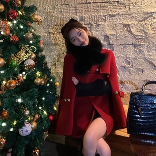 韩版年战袍斗篷外套女毛呢大衣新气质(新气质)红色，披肩短款领冬季带毛