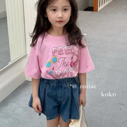 韩版儿童上衣24夏装女童圆领纯棉短袖T恤粉紫色印花打底衫