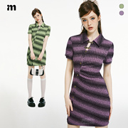 imone紫色条纹新中式旗袍连衣裙女夏季复古潮流高腰短裙