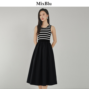 mixblu黑色条纹针织背心，连衣裙女2024无袖收腰拼接a字中长裙