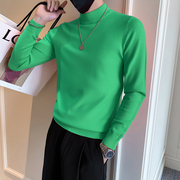 绿色半高领毛衣男士春秋季潮牌修身针织衫冬装纯色内搭打底毛线衣