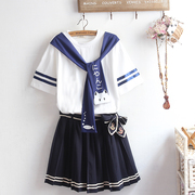 可爱软妹初中学生夏季日文猫鱼印花系带上衣 海军风圆领T恤女套装