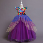 欧美棉礼服四季通用公主高端欧美花童女紫色童裙亚马逊款蓝色