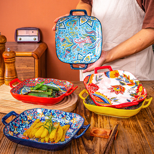 波西米亚双耳正方陶瓷盘子，创意家用菜盘网红水果，意面盘烤箱微波炉