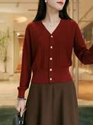 秋冬酒红色毛衣外套女士复古宽松针织衫上衣减龄外搭开衫