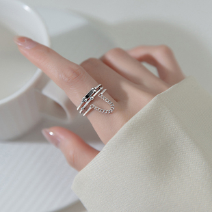 创意多层S925纯银戒指不规则链条个性指环小众冷淡风开口食指戒女