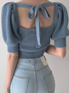 韩国chic夏季减龄复古小众气质方领系带露背套头泡泡袖针织衫女