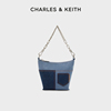 charles&keith女包，ck2-50671583缝线手提腋下包斜挎牛仔水桶包女