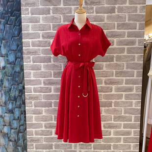 2024夏装韩版红色森系梗桔法式连衣裙设计感小众，短袖a字长裙