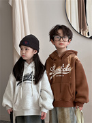 韩版男女童卫衣2023冬季儿童字母加绒卫衣，晕染时尚连帽上衣潮