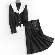 v682大翻领短款西装小香长袖，黑白拼色v领短外套女半身裙两件套装