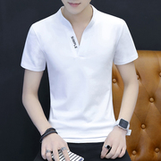 夏季短袖t恤男纯棉有领白色，上衣男装v领修身丅恤韩版潮流半袖衣服