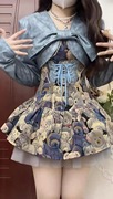 法式宫廷风公主可爱甜辣套装设计感蓝色皮条纹蝴蝶结小熊连衣裙