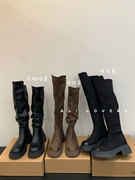 2023新韩版设计感可多穿堆堆靴磨砂皮圆头中筒靴显瘦长靴骑士靴子