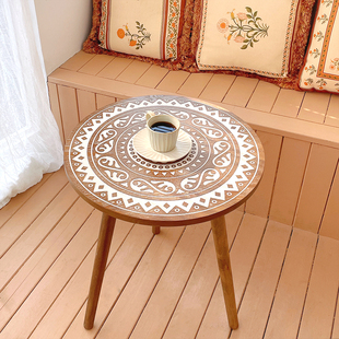 摩洛哥雕花铁艺小圆桌工业风实木茶几北欧现代简约小户型圆形边几