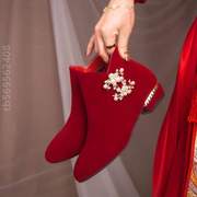 婚靴红色婚鞋冬季婚鞋冬天加绒不累跟孕妇高平婚纱结婚新娘结婚!