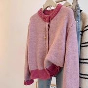 小香风粉色短款毛衣外套女秋冬冬季慵懒风，小个子针织开衫上衣条纹