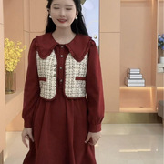小香风格子马甲上衣搭配娃娃领连衣裙两件套装春秋气质红色长裙子