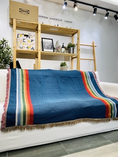蓝色线条欧美风外贸原单户外客厅，棉线针织毯子沙发毯空调毯盖毯