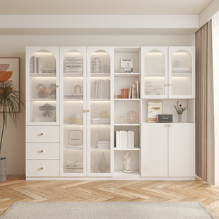 奶油风实木书柜带玻璃门置物柜，自由组合格子，柜客厅立柜整墙定制