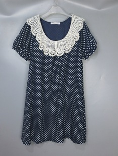vintage古着中古90s日本藏青色波点蕾丝荷叶，领衬衫短款连衣裙