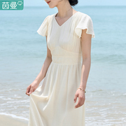 茵曼飞飞袖连衣裙女2024年夏季高腰白色，裙子沙滩裙高端夏天