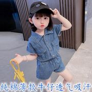 女童套装2024纯棉夏装洋气韩版时尚儿童装时髦牛仔短裤两件套潮衣