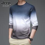 Jeep吉普春季长袖t恤男士宽松渐变运动体恤圆领薄款休闲上衣男装