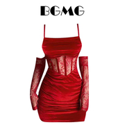 新年氛围战袍性感鱼骨，红色丝绒吊带裙女款修身显瘦小众包臀连衣裙