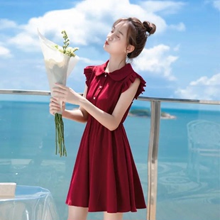 2023夏季红色娃娃，领小飞袖连衣裙女夏法式收腰显瘦梗桔背心裙