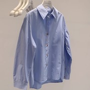 东大门糖果色长袖衬衫，春秋单排扣宽松休闲减龄polo领蓝色百搭衬衣