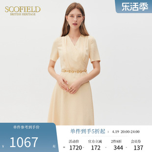 scofield女装夏季领印花法式复古短袖收腰优雅气质，雪纺连衣裙