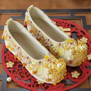 内增高女红色新娘鞋婚鞋，金色中式高跟鞋古风香槟色秀禾鞋子绣花鞋