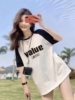 2024女纯棉夏秋季新款宽松开叉短袖双拼色显瘦百搭中长款T恤上衣