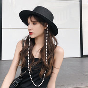 夏季草编女士优雅名媛风时尚珍珠链条黑色礼帽韩版百搭出游遮阳帽