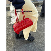 韩国小众包包女2024红色，单肩包高级法棍包时尚，漆皮手提腋下包