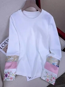 新中式国风刺绣拼接长袖T恤女秋冬设计感小众白色打底衫上衣