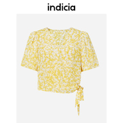 indicia真丝桑蚕丝V领短袖衬衫黄色印花夏季商场同款标记女装