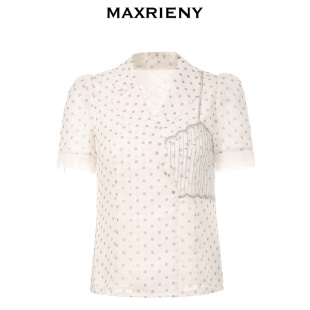 奥莱maxrieny短袖雪纺衫女夏季波(夏季波)点，衬衣气质蕾丝小衫v领上衣