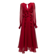 红色性感v领后绑带，露背礼服2023秋女装纯色，灯笼袖立体花连衣裙女