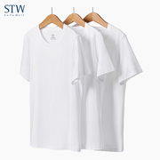 STW莫代尔棉纯色t恤女修身白色短袖圆领上衣夏季半袖打底体袖