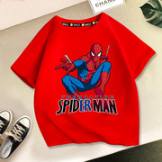 男童短袖t恤纯棉，夏季上衣蜘蛛侠2023潮男孩，红色半袖儿童夏装