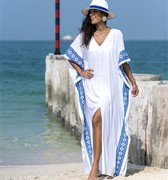 埃及迪拜旅游长袍女沙滩裙，异域风度假防晒长裙棉绸印花修身连衣裙
