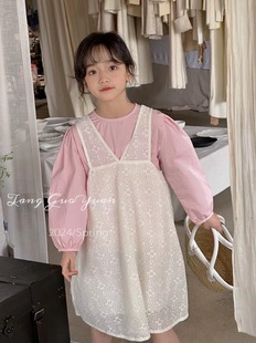 韩版女童装儿童春季甜美淑女，蕾丝连衣裙长袖，衬衫公主裙子2件套装